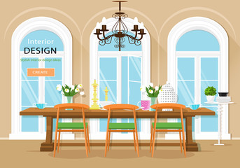 Vintage graphic dining room interior with dining table, chairs and large windows. Flat style vector illustration.