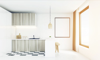 Modern white kitchen with wooden lamp, toned