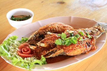 Thai food fish fry and sauce, Seafood in Thailand