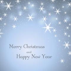 Merry Christmas blue decoration background with text. Stars, glitter and white winter snowflakes. Bright Xmas card. Happy New Year celebration abstract pattern. Holiday design. Vector illustration