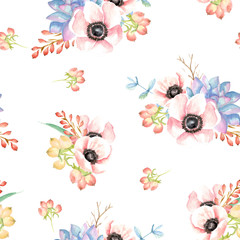 Seamless pattern with flowers and succulents. Watercolor hand drawn 