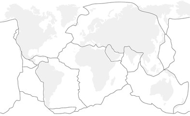 Tectonic plates unlabeled - world map with fault lines of major an minor plates.