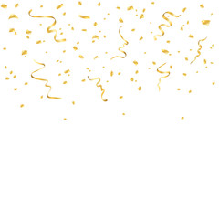 Gold confetti celebration, isolated on white background. Falling golden abstract decoration for party, birthday celebrate, anniversary or event, festive. Festival decor. Vector illustration