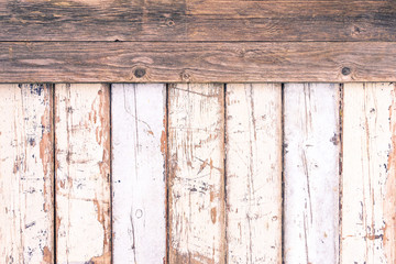 White old wood background with horizontal brown band - Weathered planks bright and dark
