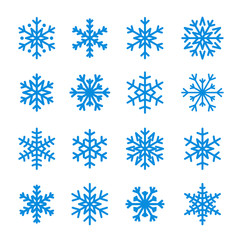 Snowflake icons set. Blue silhouette snowflakes signs, isolated on white background. Flat design. Symbol of winter, snow, Christmas, New Year holiday. Graphic element decoration Vector illustration