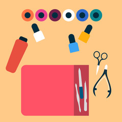 Manicure tools Vector illustration Manicurist desk with a set of manicure tools Top view Flat design