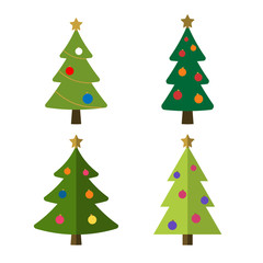 Christmas tree cartoon icons set. Green silhouette decoration trees signs, isolated on white background. Flat design. Symbol of holiday, winter, Christmas celebration, New Year Vector illustration