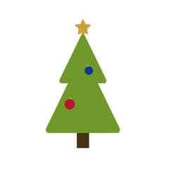 Obraz premium Christmas tree with balls, star. Cartoon icon. Green silhouette decoration sign, isolated on white background. Flat design. Symbol of holiday, Christmas, New Year celebration. Vector illustration