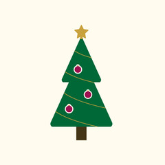 Christmas tree with balls, star. Cartoon icon. Green silhouette decoration sign, isolated on white background. Flat design. Symbol of holiday, Christmas, New Year celebration. Vector illustration