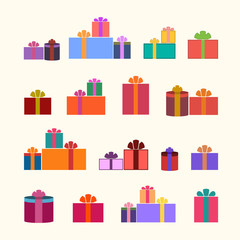 Christmas gifts ribbons icons set. Giftbox color signs decoration, isolated on white background. Flat design. Symbol of New Year celebration, presents, surprise, Xmas, holiday. Vector illustration