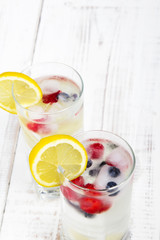 mineral water with fruit frozen in ice cubes