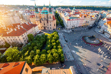Top view on the old town square with saint Nichlas church in Prague city