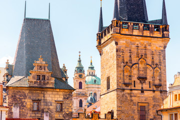 Fototapeta premium View on the Lesser town with bridge tower and saint Nicholas church in Prague city