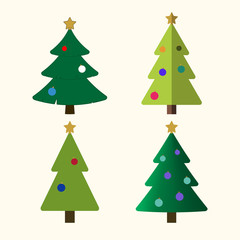 Christmas tree with balls cartoon icons set. Green silhouette decoration trees signs isolated on white background. Flat design. Symbol of holiday, Christmas celebration, New Year Vector illustration