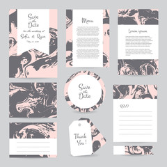 Obraz premium Vector gentle wedding cards template with hipster ethno design. Wedding invitation or save the date, RSVP, menu and thank you card for bridal design. Vector set of postcard with geometric decoration.