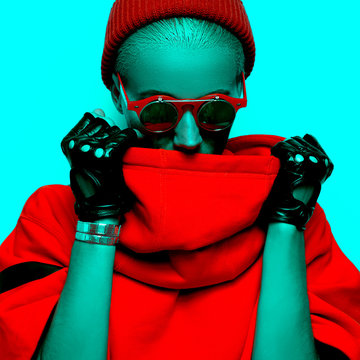 Neon Lady Stylish Accessories. Glasses, Gloves. Hipster Fashion