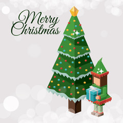 Isometric elf and pine tree icon. Christmas season decoration and celebration theme. Colorful design. Vector illustration