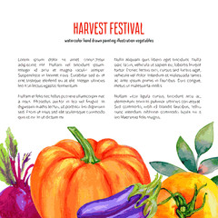 Watercolor tomato, pumpkin, beetroot, eggplant isolated on white, hand drawn designed frame vegetable with space for text, natural organic vegan food for cooking, restaurant menu, harvest festival
