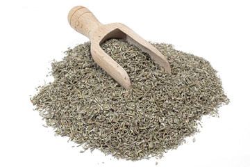 Thym herbes de provence, Thymus vulgaris feuilles séchées sur fond bland