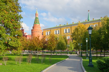 View of the Corner Arsenal tower and the Arsenal building from the Alexander garden, Moscow, Russia