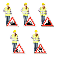 Attractive woman in construction helmet and uniform with road signs