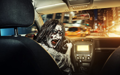 Undead girl with bloody face rides in the car