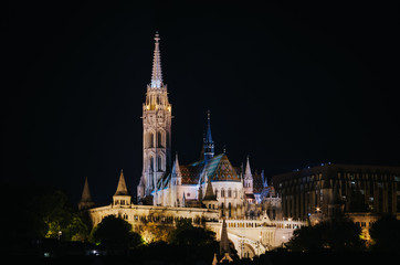 View of Fishermen Bastion and St. Matthias church nicely illuminated at night, Budapest, Hungary