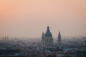 Fototapeta na wymiar St. Stephen basilica panoramic view from Fishermen Bastion at sunrise, Budapest, Hungary