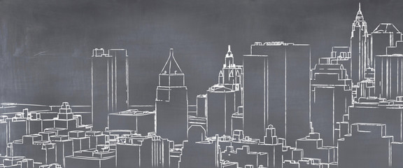  illustration of a city painted on a blackboard