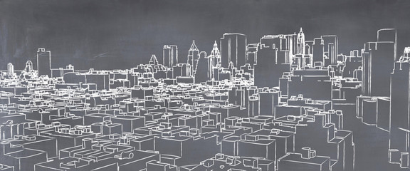  illustration of a city painted on a blackboard