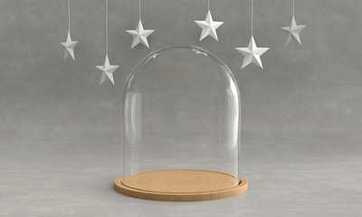 Glass dome with wooden tray on concrete background and hanging stars. New year theme. 3D rendering.

