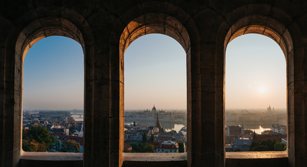 Budapest morning sunrise view panorama. View from fishermen bastion tower.