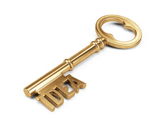 Gold Idea Key  isolated on white. 3d render