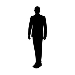 Vector silhouette of a man standing in a suit at the lecture. Bu