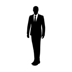Vector silhouette of a man standing in a suit at the lecture. Bu