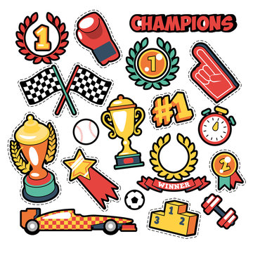 Fashion Badges, Patches, Stickers in Comic Style Champions Theme with Cups, Medals and Sports Equipment. Vector Retro Background