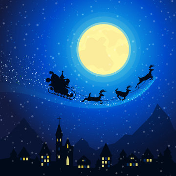 Merry Christmas Town Mountain Landscape With Santa Claus Sleigh With Reindeers Flying On The Moonlight Sky. Winter Holidays Greeting Card. Vector Background