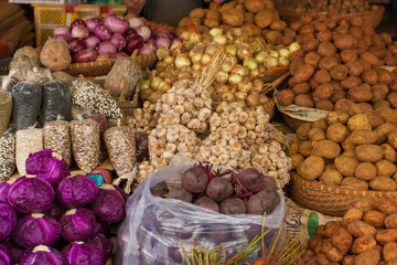 Various raw vegetable on shelf selling at the fresh market, Dalat, Vietnam