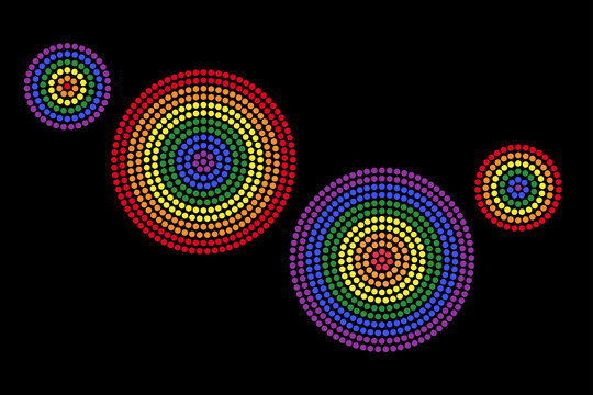 Gay radial dot patterns. Dots forming four circles with the six colors of the rainbow flag that is used for the Lesbian, gay, bisexual and transgender movement. Illustration on black background.