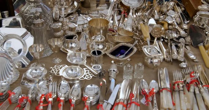 Vintage tableware silver objects at a flee market