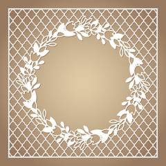 Openwork square frame with wreath of flowers. Laser cutting temp