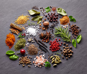 Herbs and spices on a black board