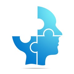 The color blue human head composed of blue puzzle pieces with gray shadow below the head on a white background.Incomplete human head composed of geometric elements