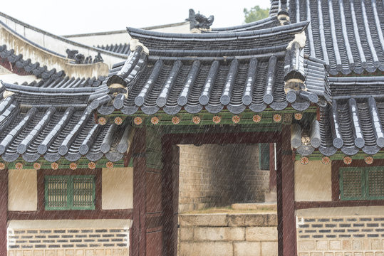 Rain in Seoul. Traditional Korean Architecture. 