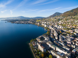 Aerial view of Montreux waterfront, Switzerland - obrazy, fototapety, plakaty