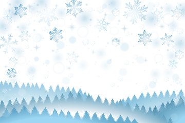 Winter background with falling snowflakes and pine trees