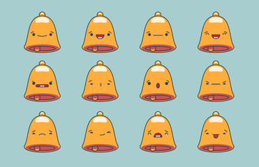 Set of vector kawaii christmas bell emoticons. Isolated on light pale background.