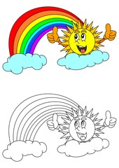 Smiling sun with thumbs-up sign, rainbow, clouds and a coloring book for young children - vector eps