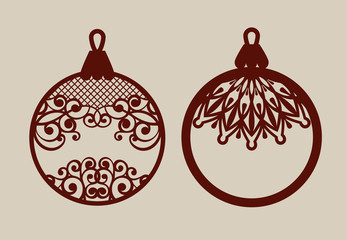 Christmas balls with lace pattern. Template for greeting card, banner, invitation, for New Years design party or interiors. Picture perfect for laser cutting, plotter cutting or printing