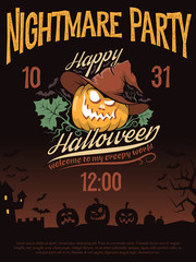 Poster invitation to the Halloween party with a grinning pumpkin in a hat. Vector illustration.